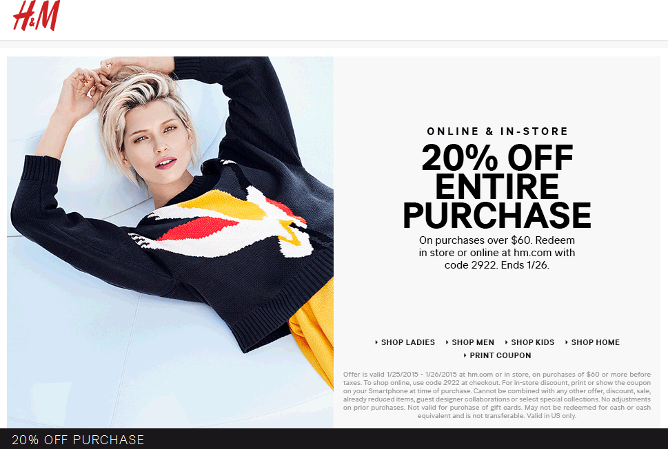 H&M Coupon March 2024 20% off $60 at H&M, or online via promo code 2922