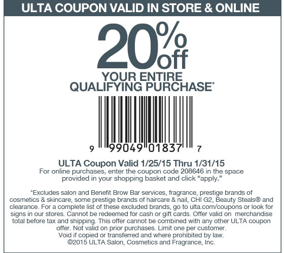 Ulta Coupon April 2024 20% off at Ulta, or online via promo code 208646