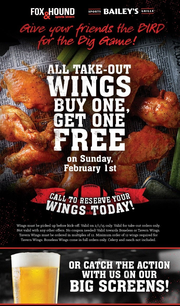 Fox & Hound Coupon April 2024 Second order of take-out wings free Sunday at Fox & Hound and Baileys sports tavern
