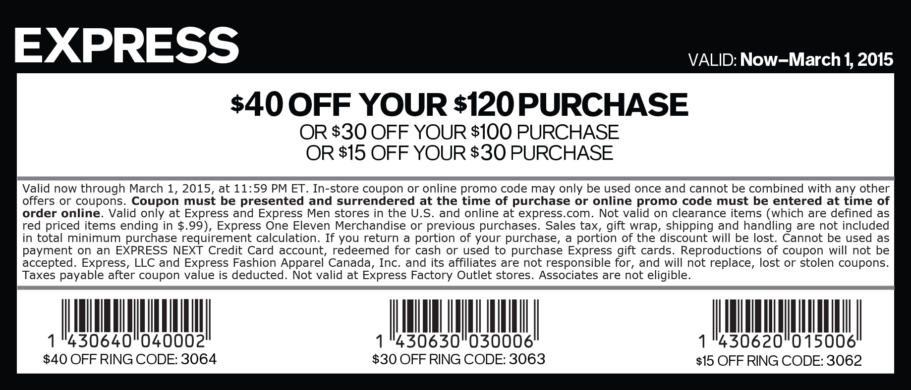 Express Coupon March 2024 $15 off $30 & more at Express, or online via promo code 3060
