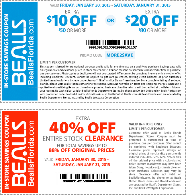 Bealls Coupon April 2024 40% off clearance, $10 off $50 & more at Bealls, or online via promo code MORE2SAVE