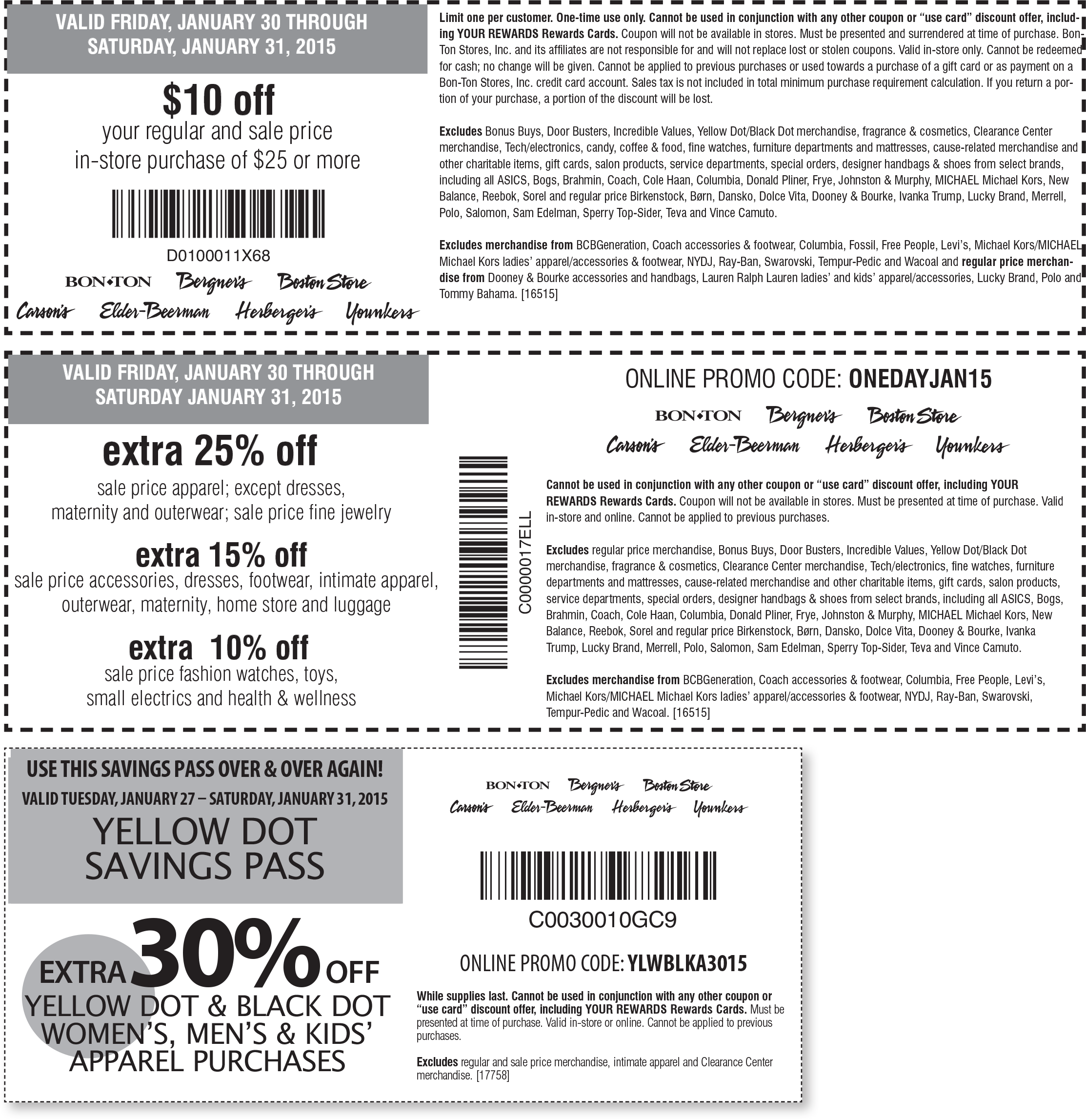 Carsons Coupon April 2024 $10 off $25 & 25% off at Carsons, Bon Ton & sister stores, or online via promo code ONEDAYJAN15