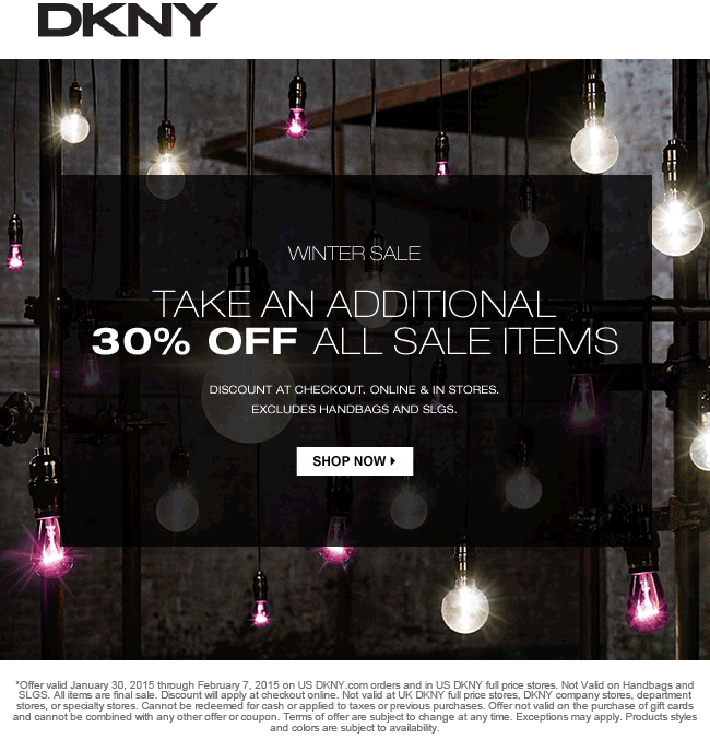 DKNY Coupon May 2024 Extra 30% off sale items at DKNY, ditto online