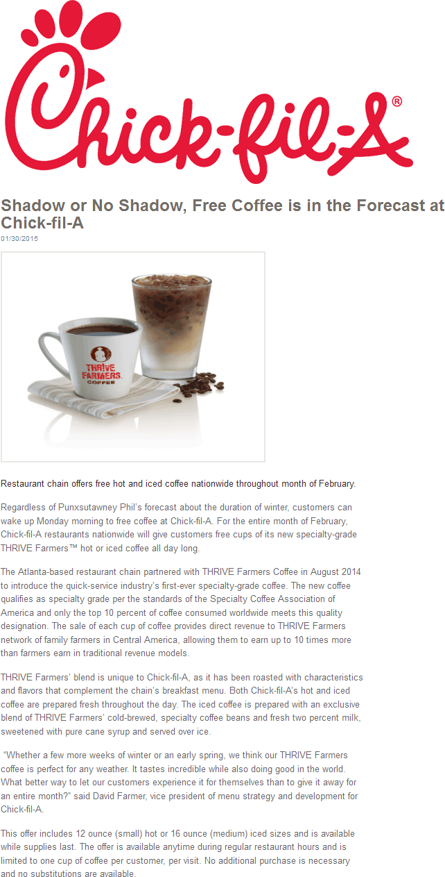 Chick-fil-A Coupon April 2024 Free hot or cold coffee all month at Chick-fil-A restaurants - no purchase necessary