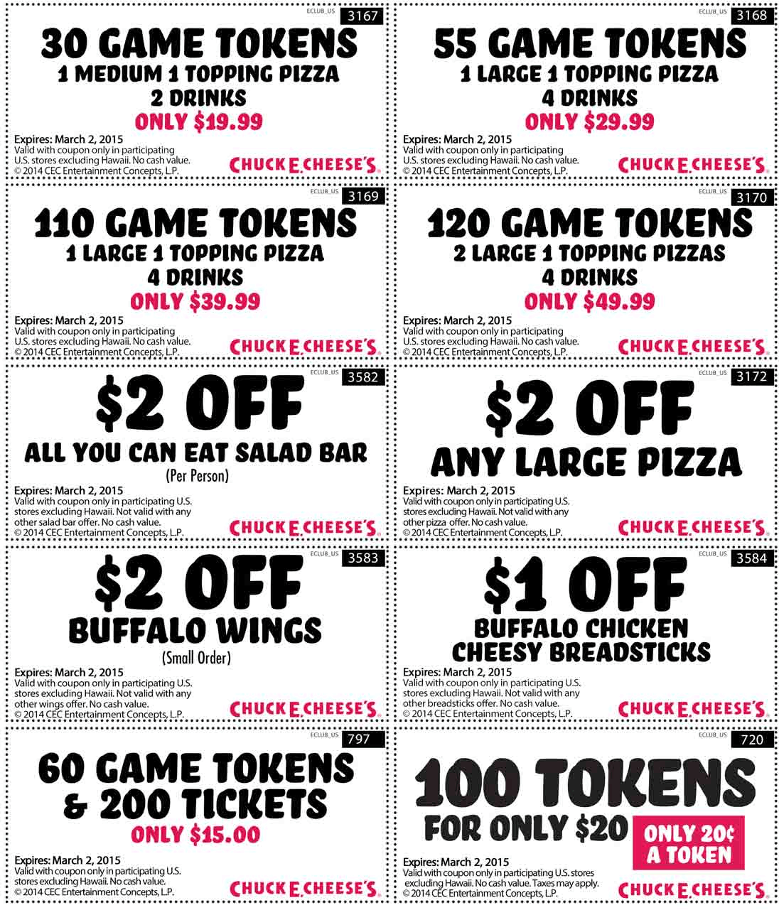 Chuck E. Cheese Coupon March 2024 Pizza, drinks & 30 tokens for $20 & more at Chuck E. Cheese