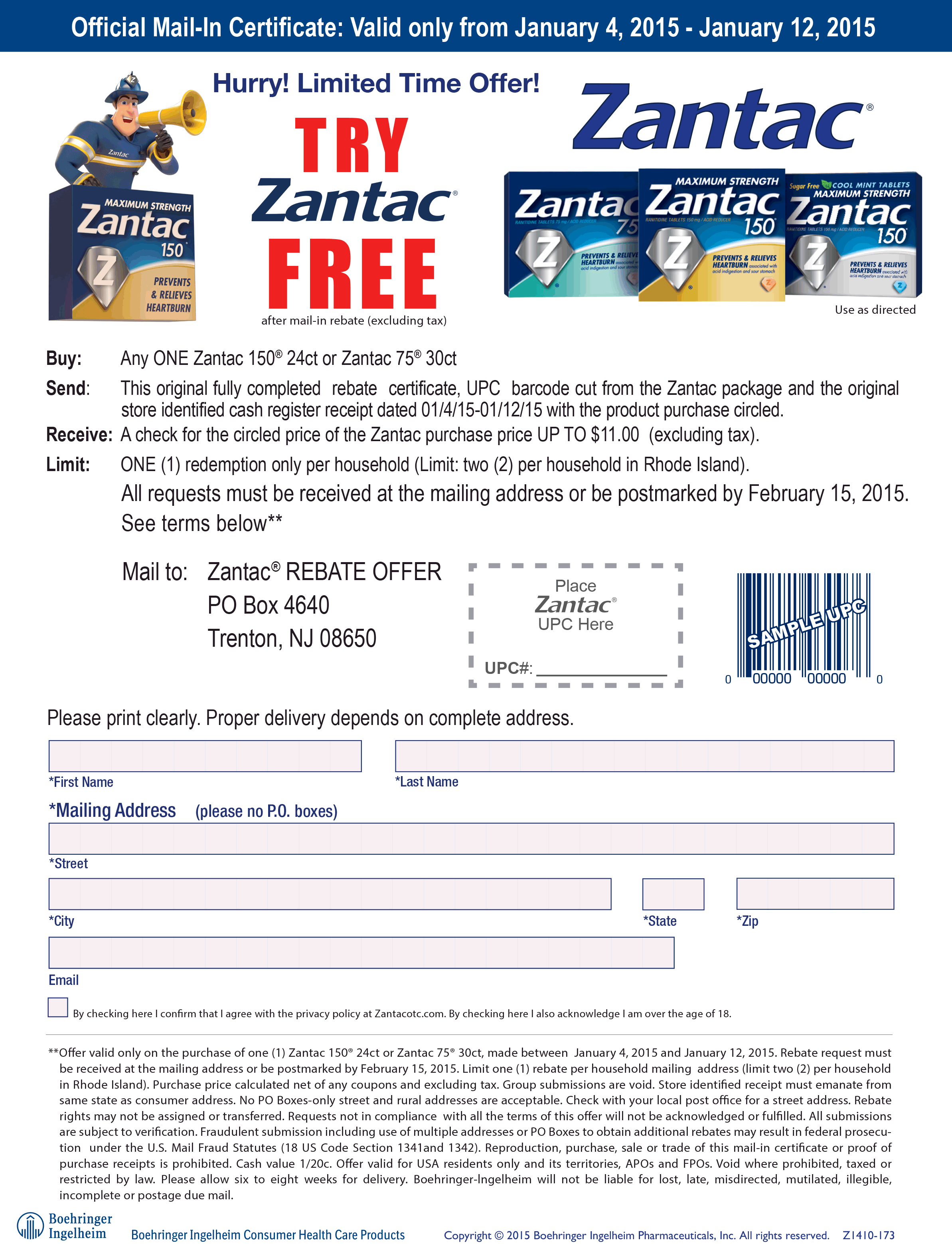 Rebate Coupon April 2024 $11 package of Zantac free via snail mail Rebate