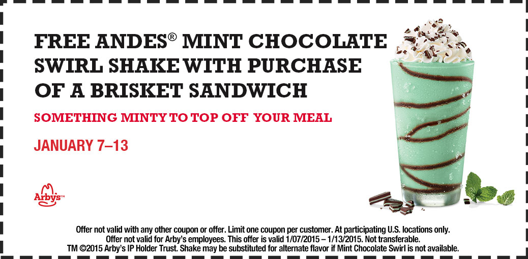 Arbys Coupon April 2024 Andes mint chocolate shake free with your brisket sandwich at Arbys