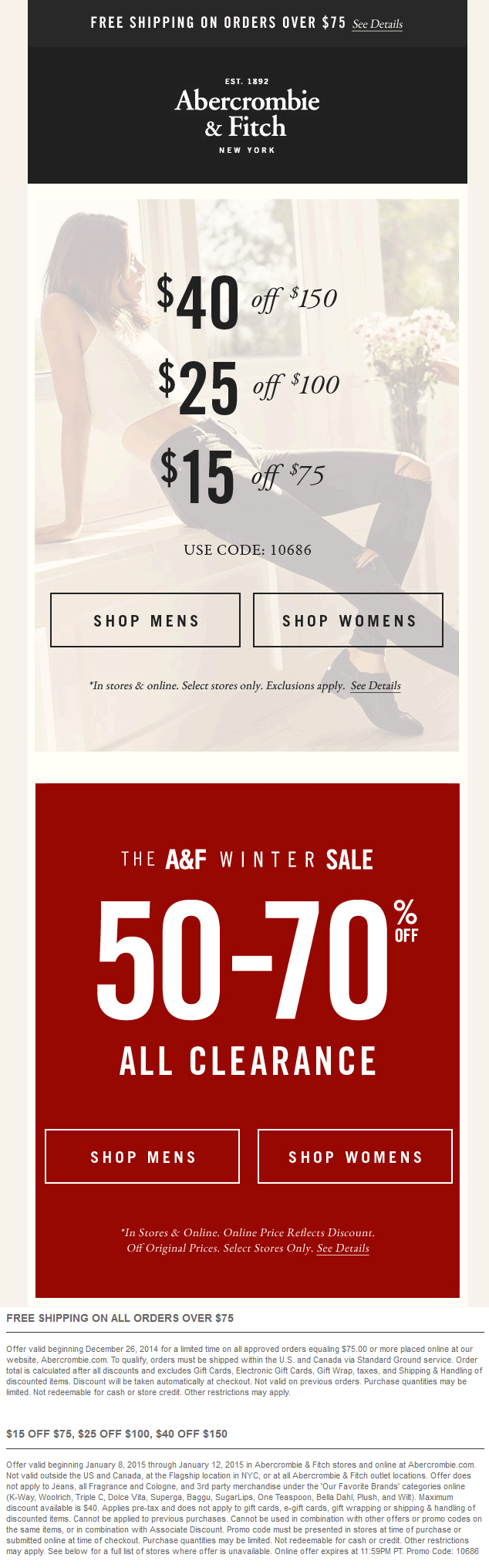 Abercrombie & Fitch Coupon April 2024 $15 off $75 & more at Abercrombie & Fitch, or online via promo code 10686