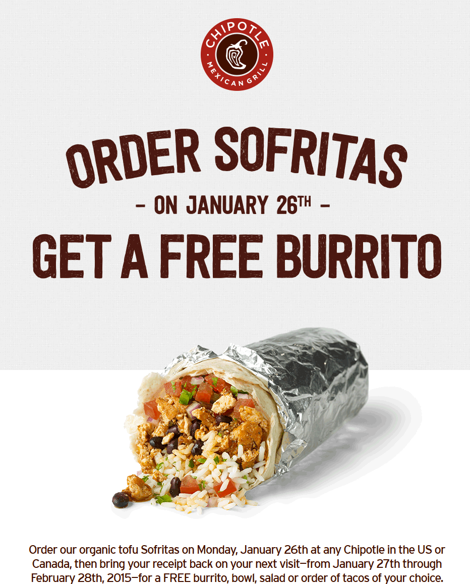 Chipotle Coupon May 2024 Free burrito next visit with your sofritas the 26th at Chipotle