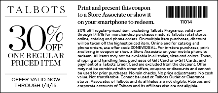 Talbots Coupon April 2024 30% off a single item at Talbots, or online via promo code 30NEWDEAL