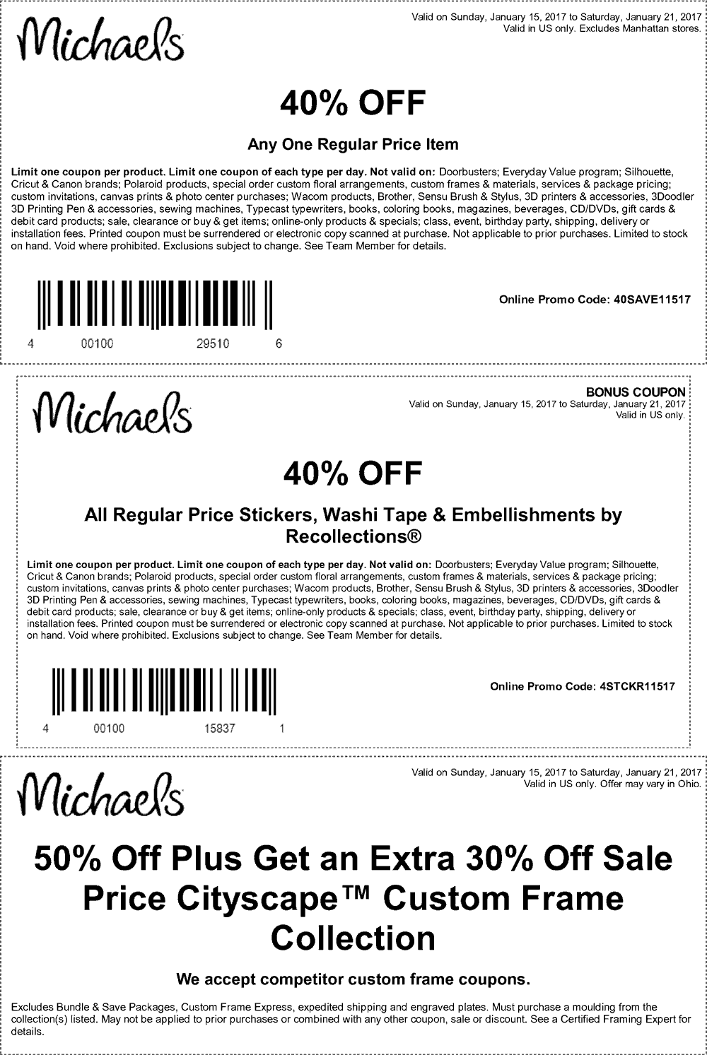 Michaels coupons 40 off a single item at Michaels, or