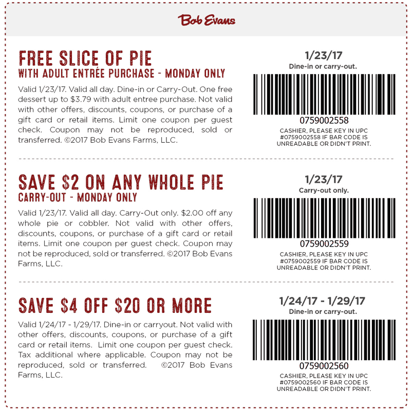 Bob Evans Coupons Free pie $4 off $20 at Bob Evans restaurants