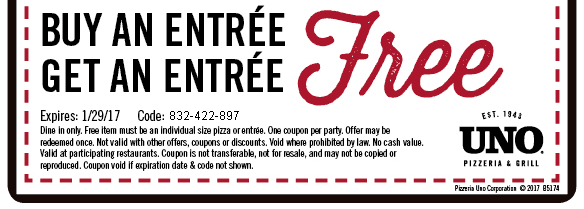 Uno Pizzeria Coupons Second Entree Free At Uno Pizzeria Grill