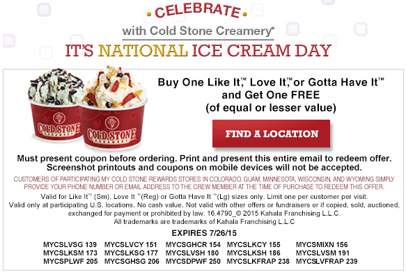 Cold Stone Creamery Coupons Second ice cream free at various Cold