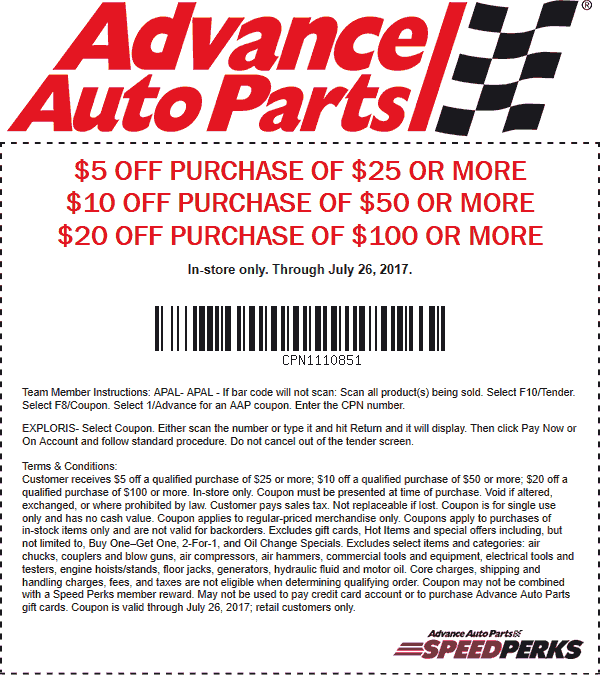 Advance Auto Parts Coupons 22 off 50 at Advance Auto Parts, or