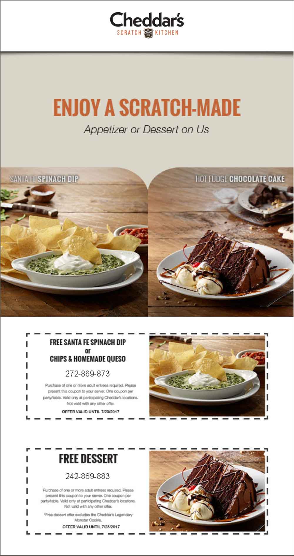 Cheddars Scratch Kitchen Coupons Free spinach dip or queso with your