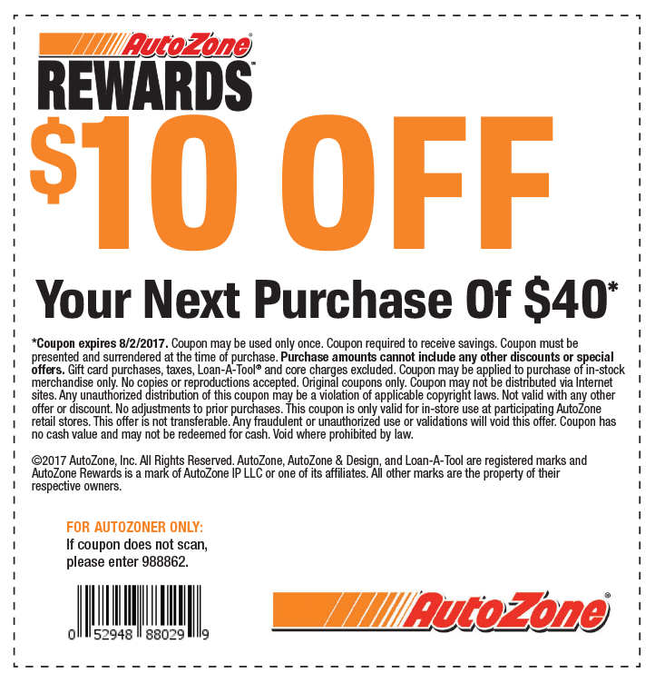 AutoZone Coupons 10 off 40 at AutoZone, or 20 off 100 online via