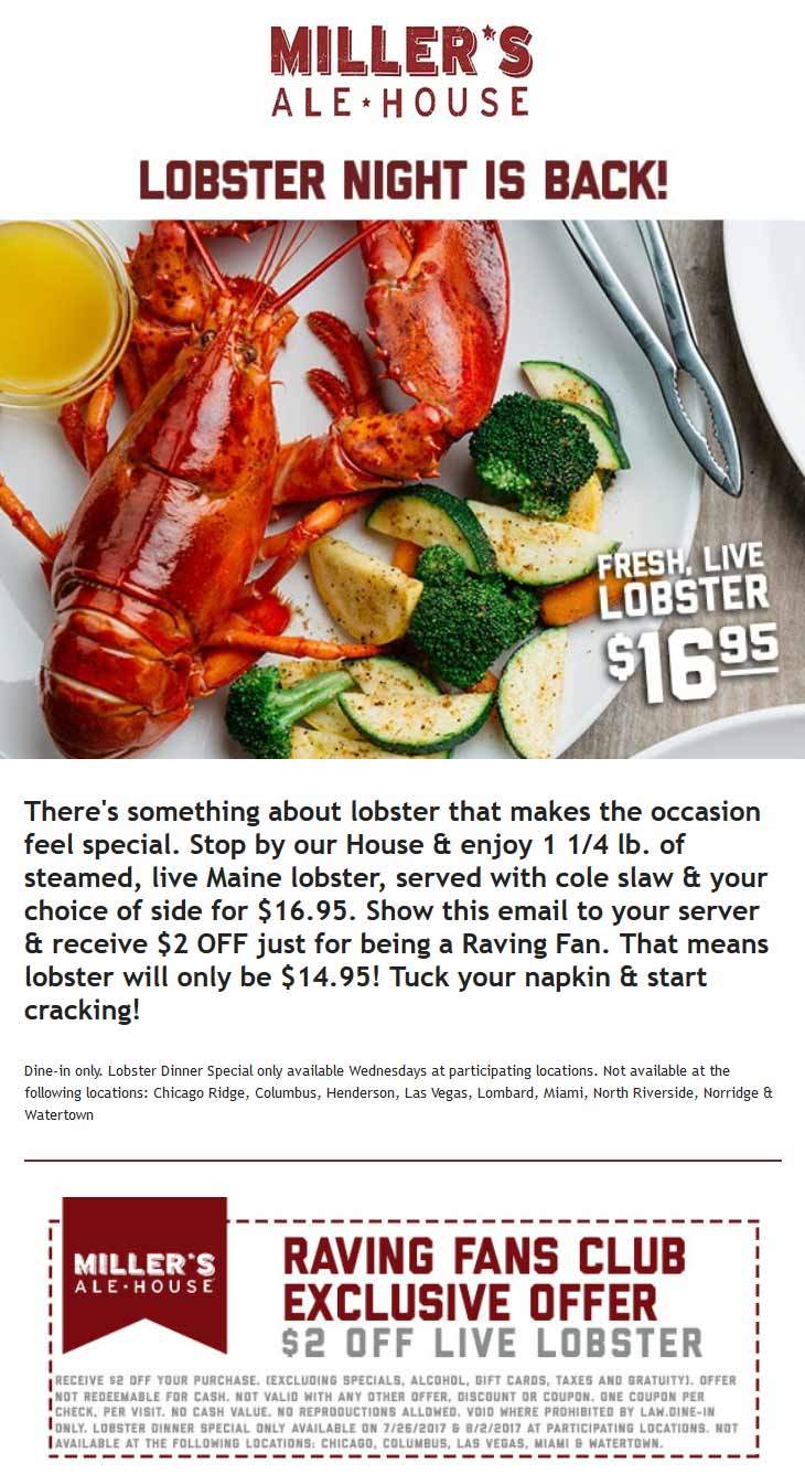 Millers Ale House Coupons 2 off lobster at Millers Ale House restaurants