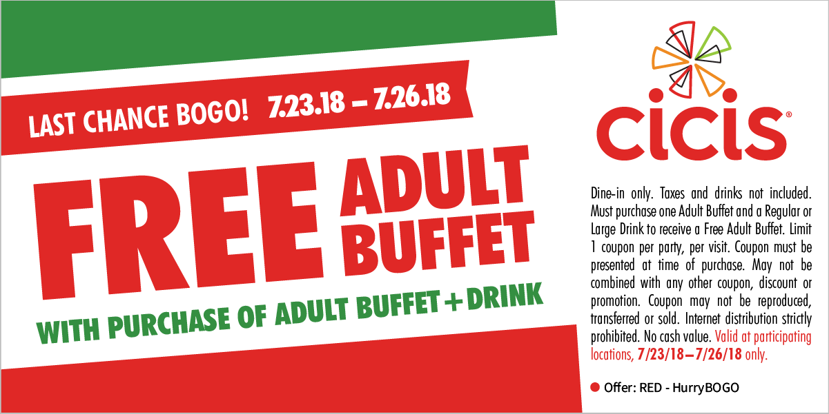 CiCis Pizza Coupons Second buffet free at Cicis pizza