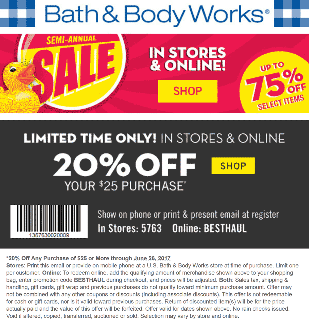 Bath & Body Works Coupons - 20% off $25+ at Bath & Body Works, or