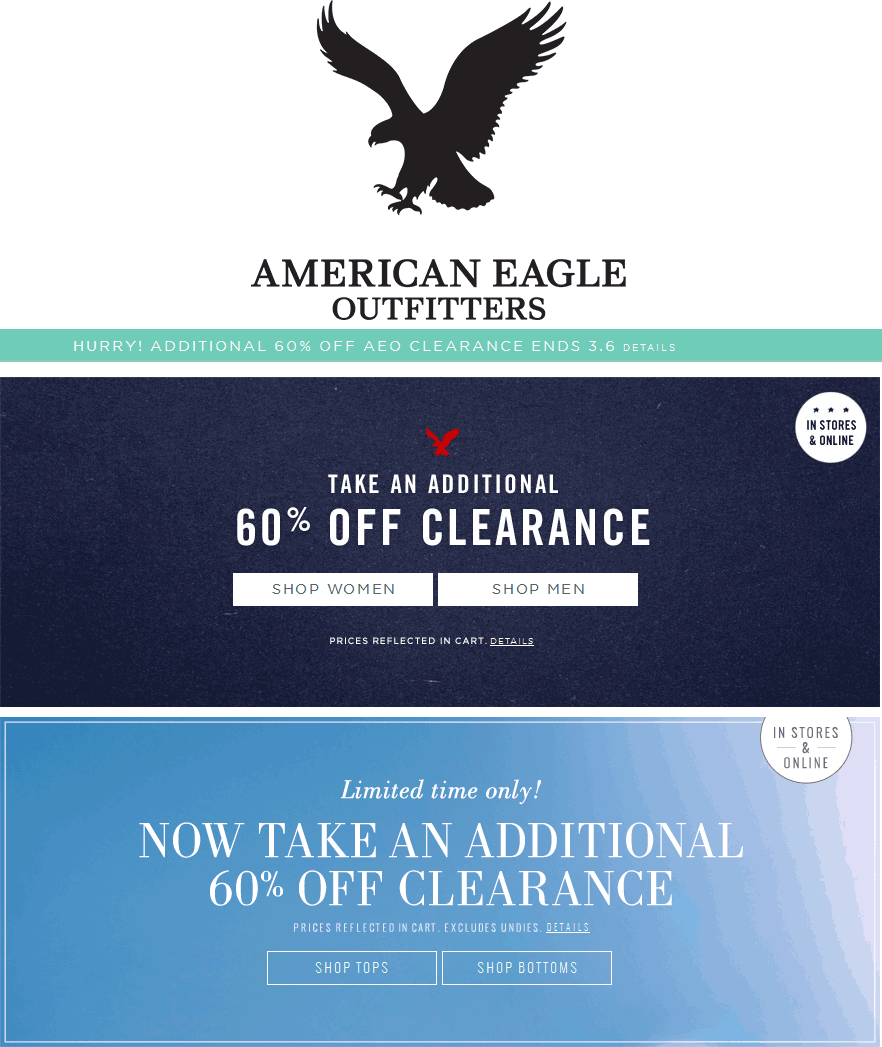 American Eagle Outfitters Coupon April 2024 60% off clearance at American Eagle Outfitters, ditto online