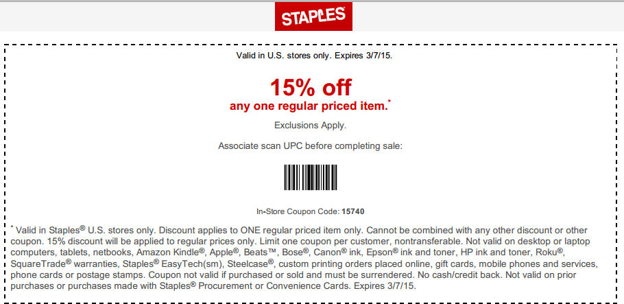 Staples Coupon April 2024 15% off a single item at Staples