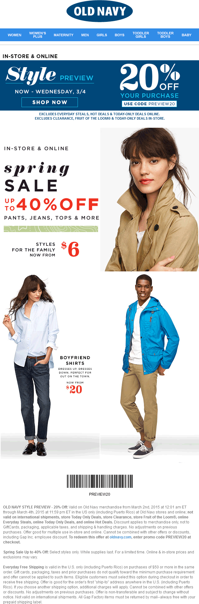 Old Navy Coupon April 2024 20% off at Old Navy, or online via promo code PREVIEW20