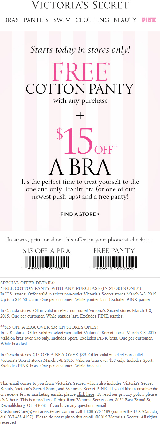 Victorias Secret Coupon April 2024 $15 panty free with any purchase + $15 off a bra at Victorias Secret
