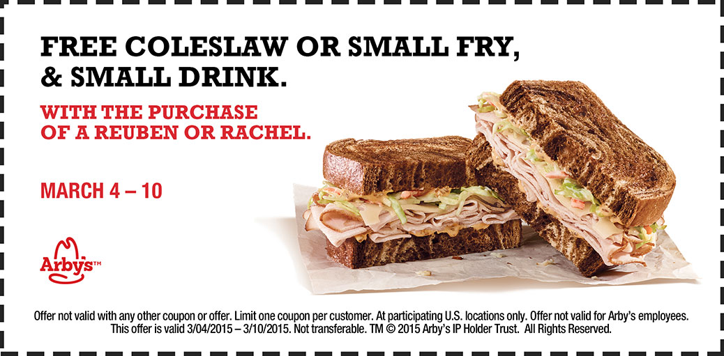 Arbys Coupon March 2024 Fries & drink free with your Reuben at Arbys