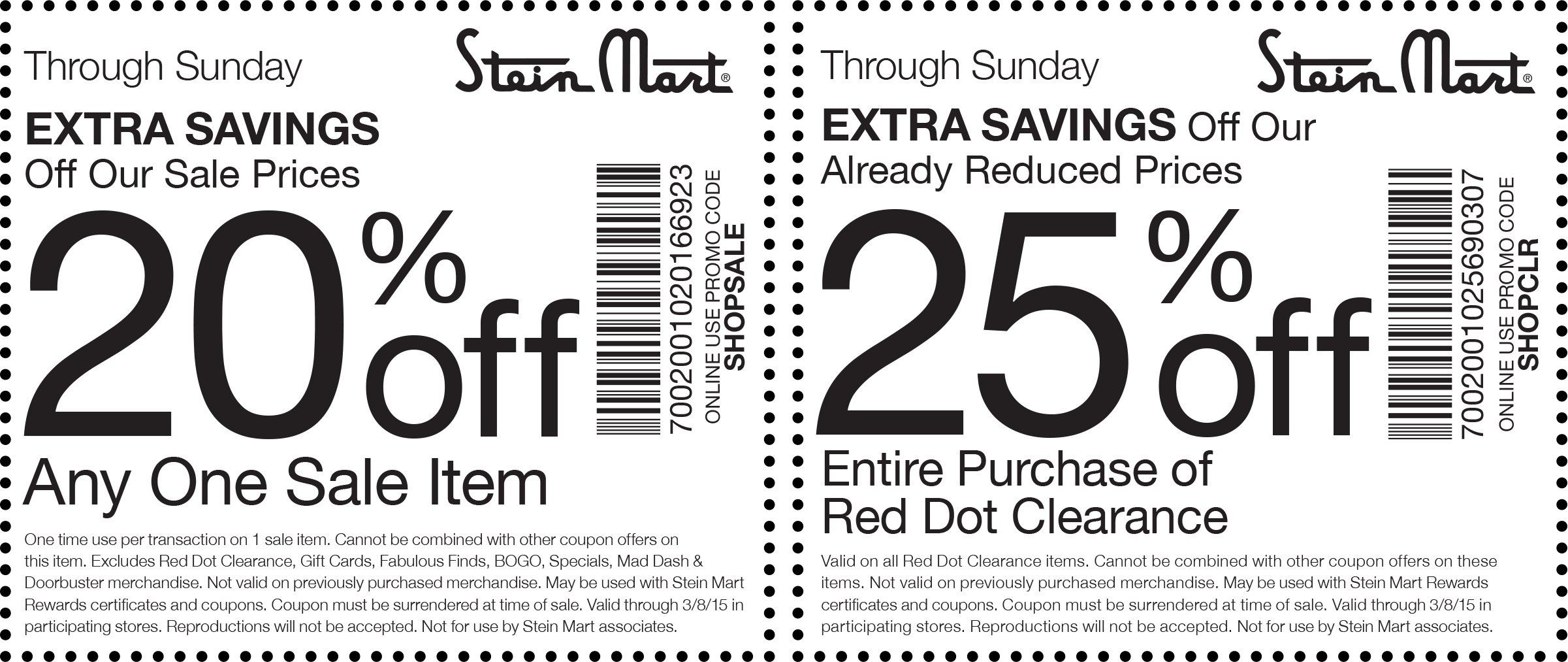 Stein Mart Coupon April 2024 Extra 20% off a single sale item & more at Stein Mart, or online via promo code SHOPSALE