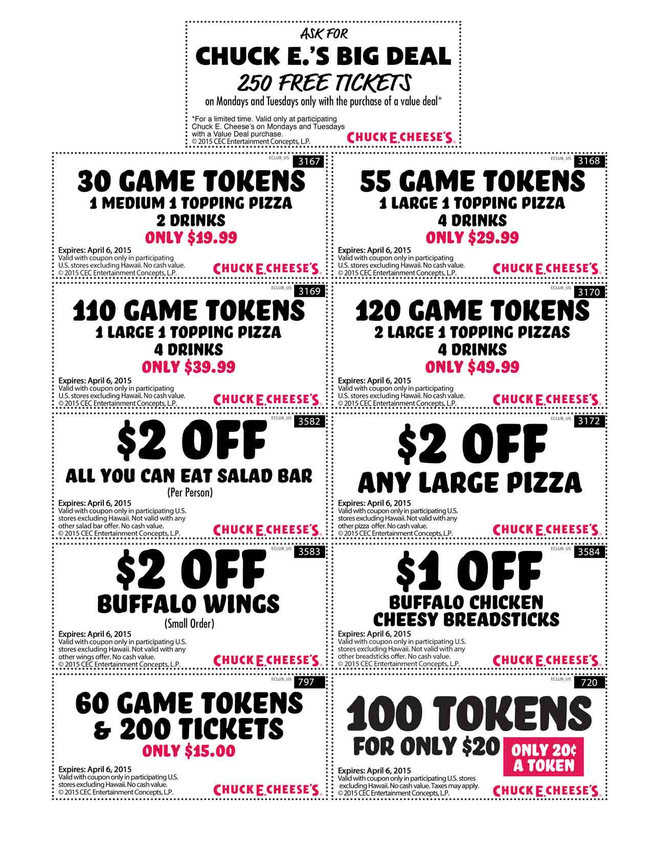 Chuck E. Cheese Coupon April 2024 250 free tickets, 100 tokens for $20 & more at Chuck E. Cheese pizza