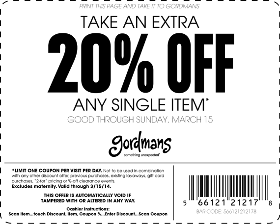 Gordmans Coupon March 2024 20% off a single item at Gordmans