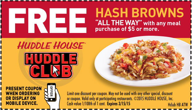 Huddle House Coupon April 2024 Free hash browns all the way with $5 spent at Huddle House