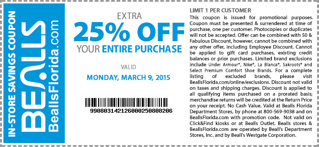 Bealls Coupon April 2024 Extra 25% off today at Bealls, or online via promo code FREE50