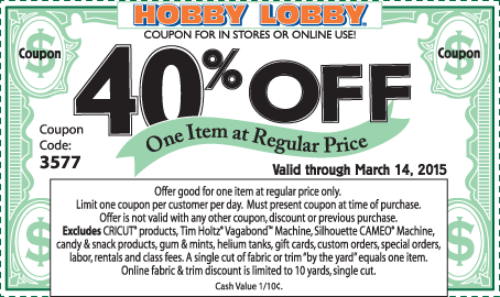 Hobby Lobby Coupon April 2024 40% off a single item at Hobby Lobby, or online via promo code 3577