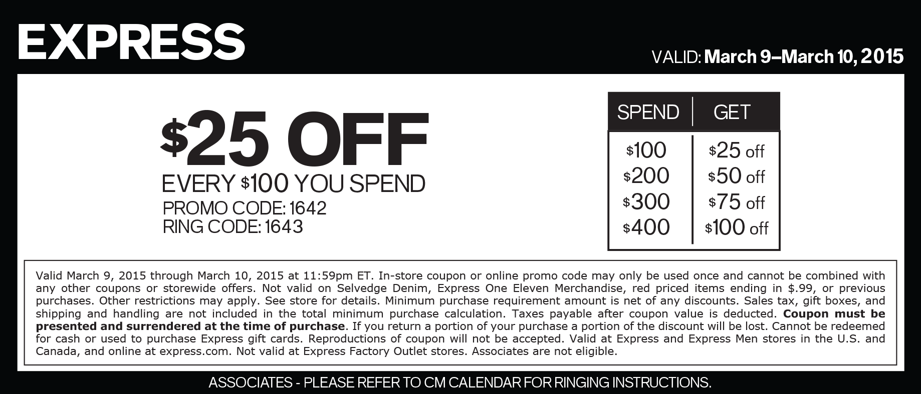 Express Coupon April 2024 $25 off every $100 today at Express, or online via promo code 1642