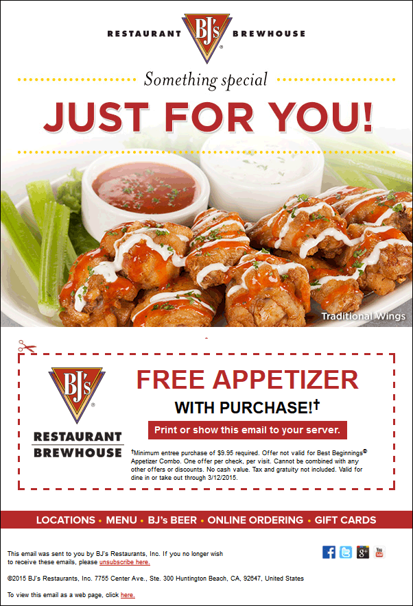 BJs Restaurant Coupon April 2024 Free appetizer with your meal at BJs Restaurants