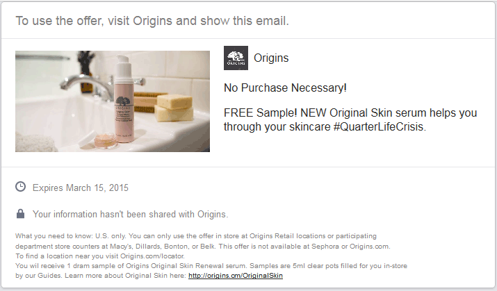 Origins Coupon April 2024 Free Sample: Origins serum in-store