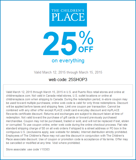 Childrens Place Coupon April 2024 25% off at The Childrens Place, or online via promo code 25SHOP3