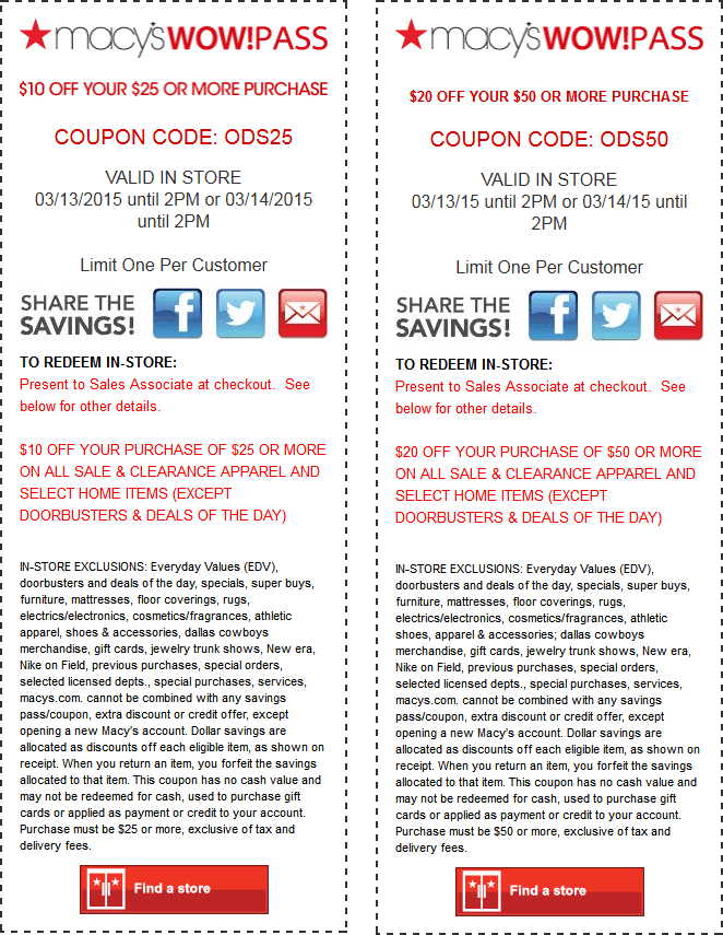 Macys Coupon April 2024 $10 off $25 & more til 2pm at Macys, or online via promo code ODS25