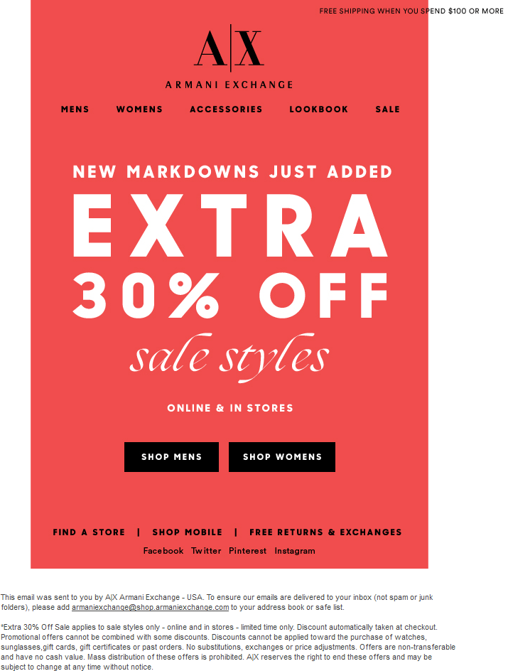 Armani Exchange Coupon March 2024 Extra 30% off sale items at Armani Exchange, ditto online