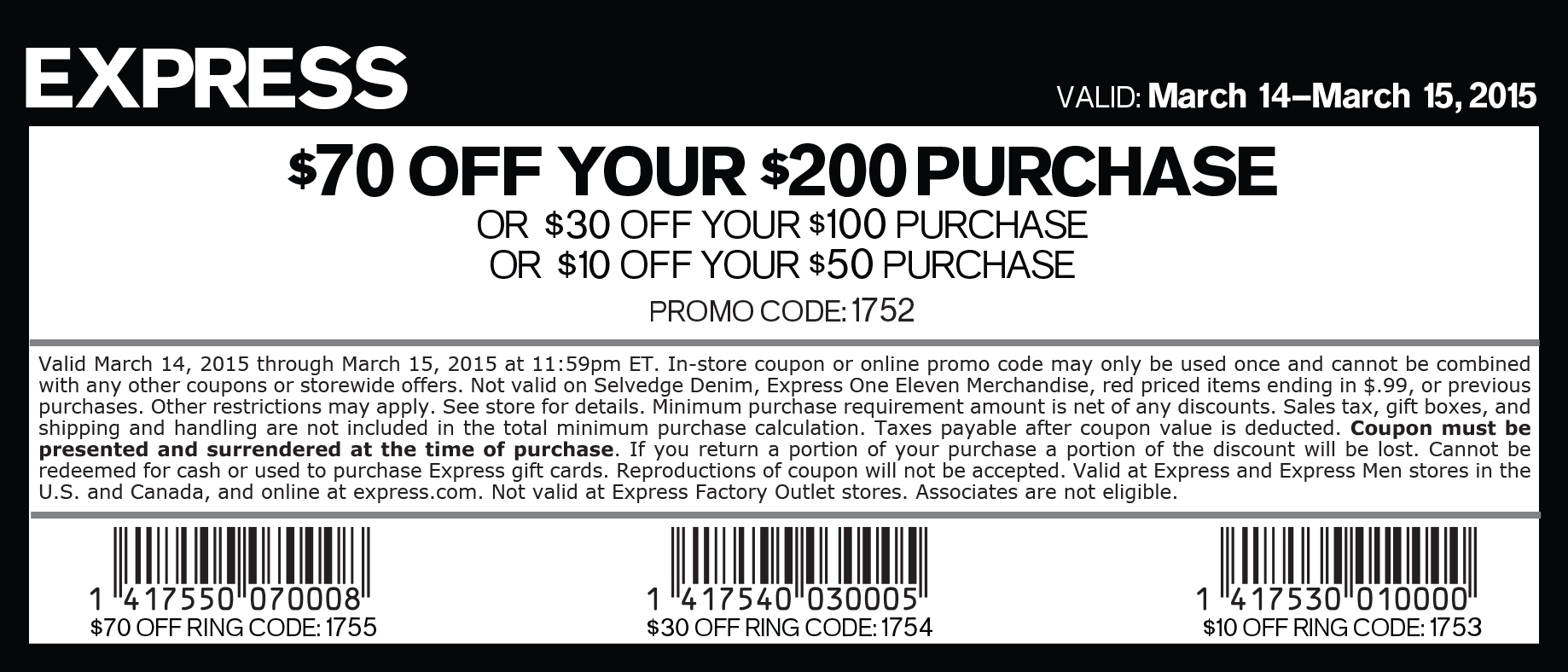 Express Coupon April 2024 $10 off $50 at Express, or online via promo code 1752