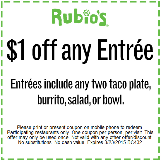 Rubios Coupon April 2024 Knock a buck off your entree at Rubios