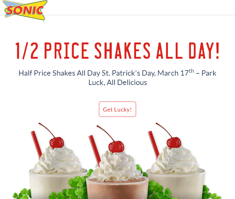 Sonic Drive-In Coupon April 2024 50% off shakes today at Sonic Drive-In