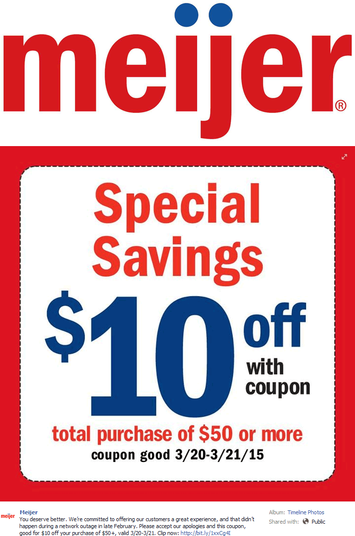 Meijer Coupon May 2024 $10 off $50 via mperks at Meijer