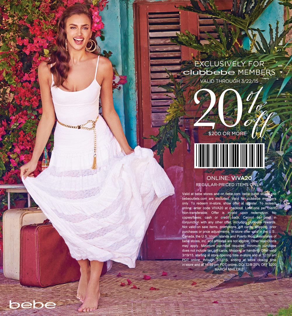 Bebe Coupon April 2024 20% off $200 at bebe, or online via promo code VIVA20