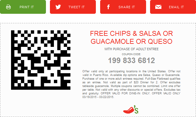 Chilis Coupon April 2024 Free chips & dip with your entree at Chilis