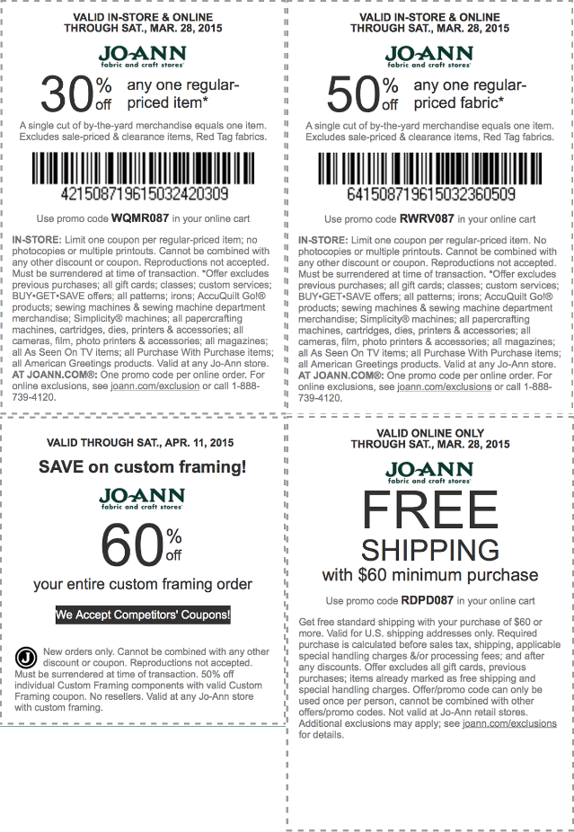 Jo-Ann Fabric Coupon April 2024 30-50% off a single item at Jo-Ann Fabric, or online via promo code WQMR087