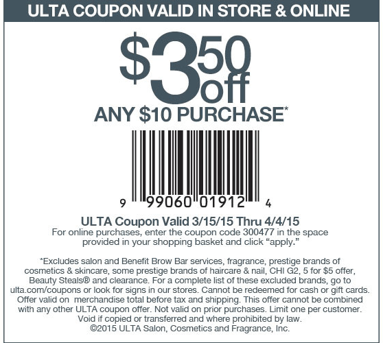 Ulta Coupon April 2024 $3 off $10 at Ulta, or online via promo code 300477