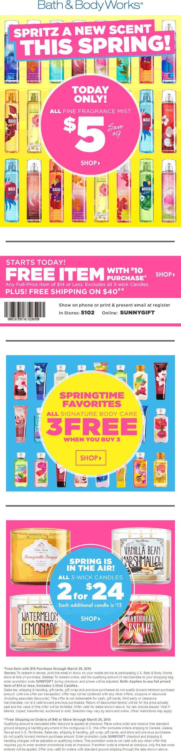 Bath & Body Works Coupon April 2024 $14 item free with $10 spent at Bath & Body Works, or online via promo code SUNNYGIFT